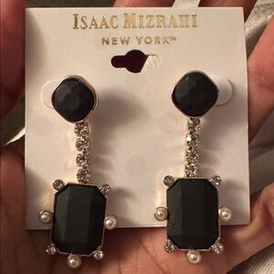 Isaac Mizrahi Gold Tone Post Black Matte Stone Crystal Drop Earrings 1.75 inch